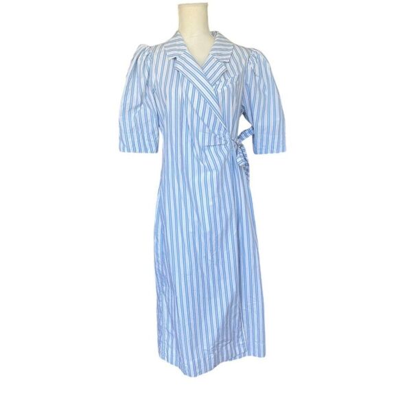 Ganni Women's Striped Draped Wrap Midi Dress Blue Size 42 Casual - Picture 2 of 11
